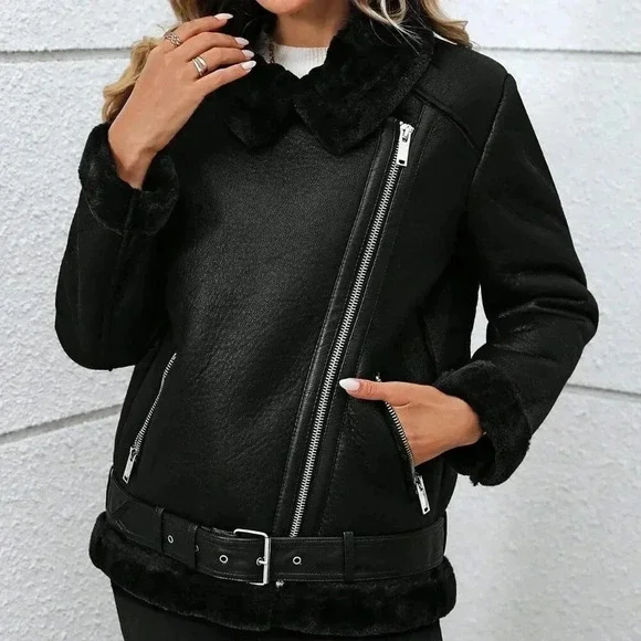 Black Casual Women's Faux Leather Winter Jacket - Picture 3 of 4